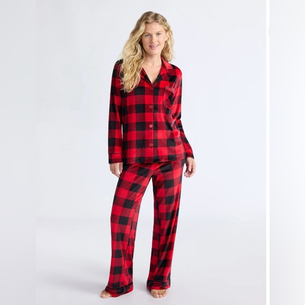 Joyspun Brilliant Red Buffalo Plaid Stretch Velour Notch Collar Pajama Set